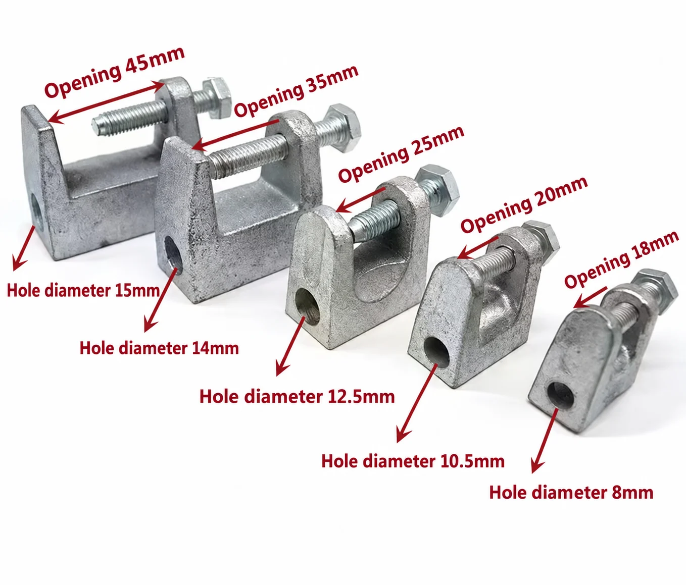 Beam clamps showing 18, 20, 25, 35 and 45 millimetre openings with hole diameters