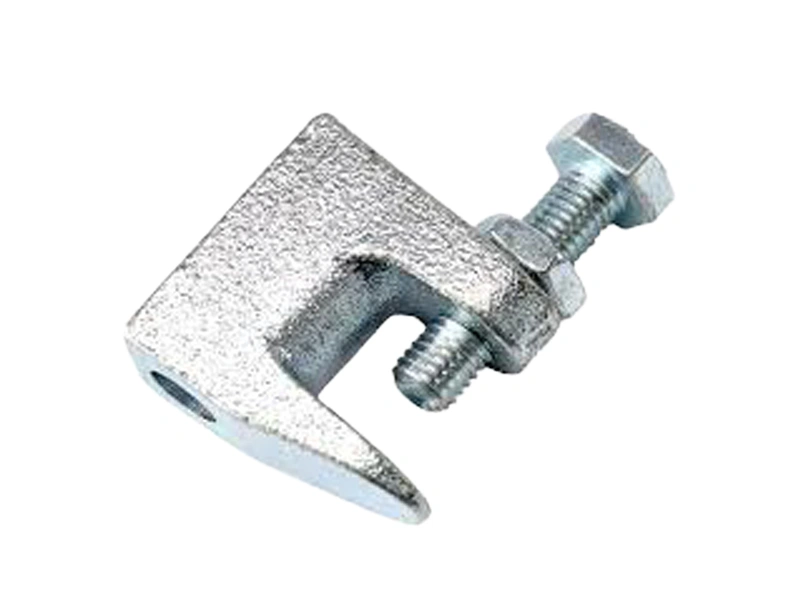 Angled steel beam clamp photo showing set screw, lock nut and side opening