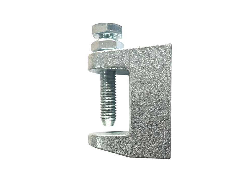Side view of a C-shaped beam clamp with top set screw