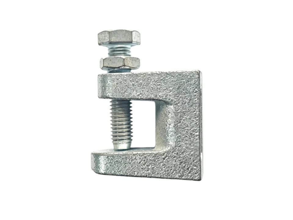 Malleable cast iron beam clamp 5/16 inch WLL 350 lbs electro-galvanized with set screw and lock nut