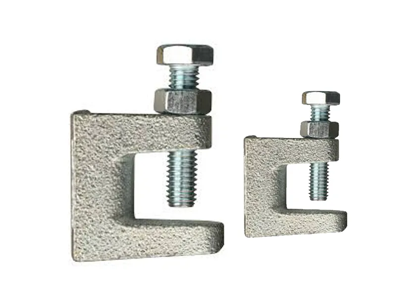 Two galvanized beam clamps that require confirmed dimensions and specifications