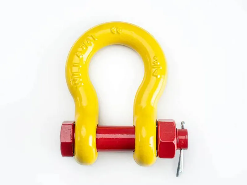 Yellow screw pin bow shackle with red pin for rigging hardware sourcing
