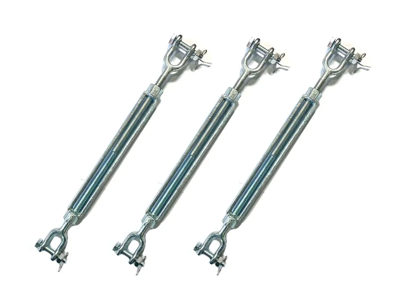 Three galvanized jaw and jaw turnbuckles requiring confirmed thread and adjustment specifications