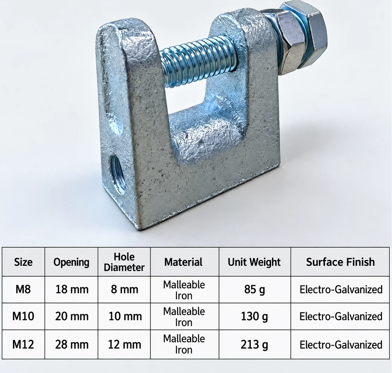 Malleable iron steel beam clamp with M8, M10 and M12 size specifications