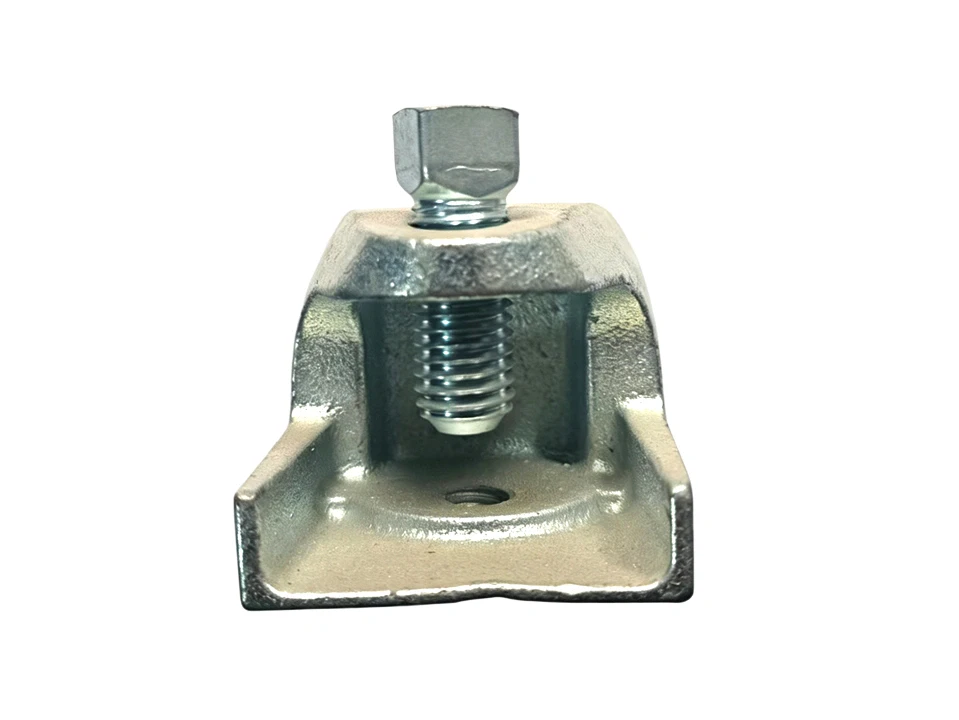 Wide jaw malleable iron beam clamp electro-galvanized with wide jaw opening set screw and bottom threaded rod connection for I-beam flange suspension